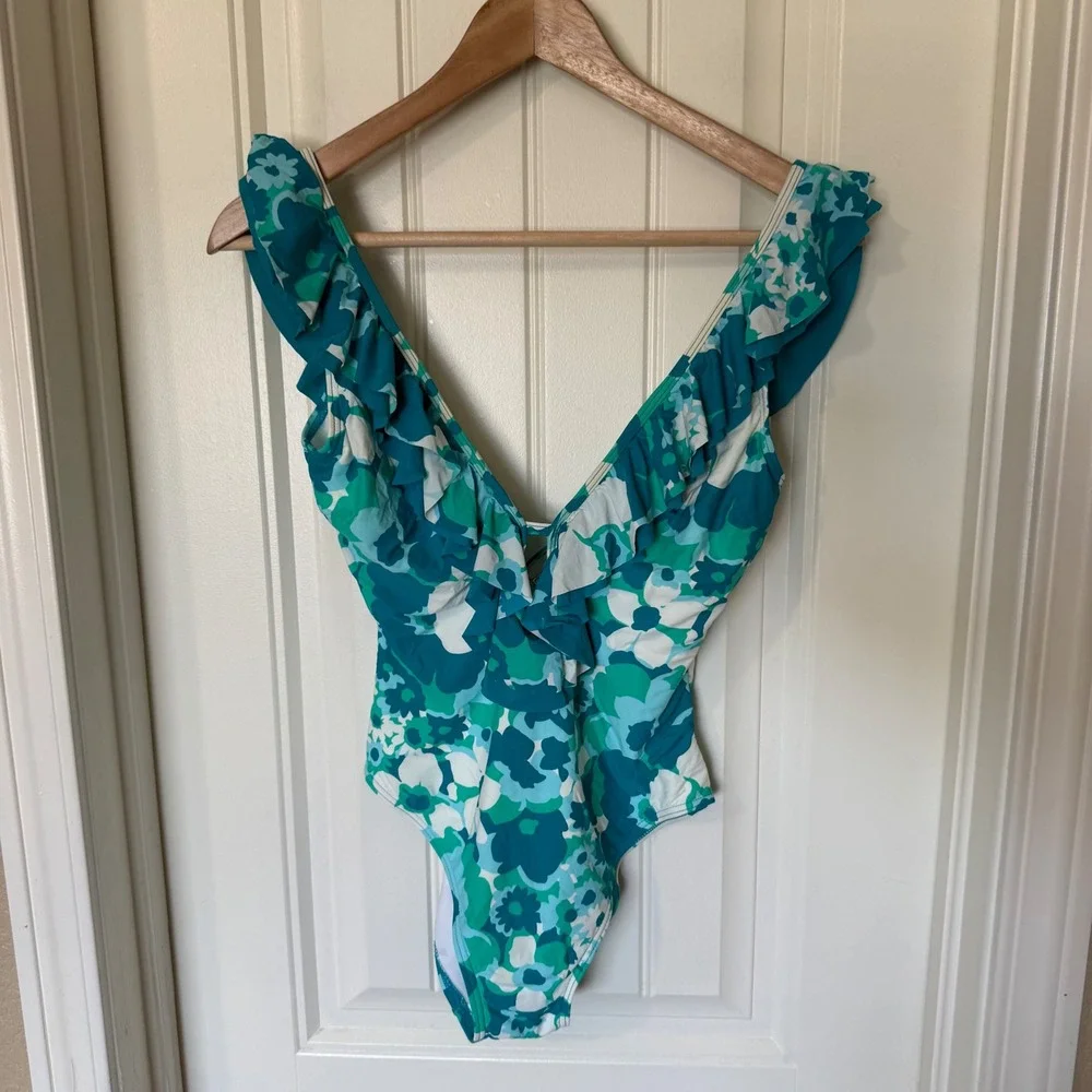 Michael Kors One Piece Swimsuit Womens 6 Teal Floral Ruffle V-Neck Excellent